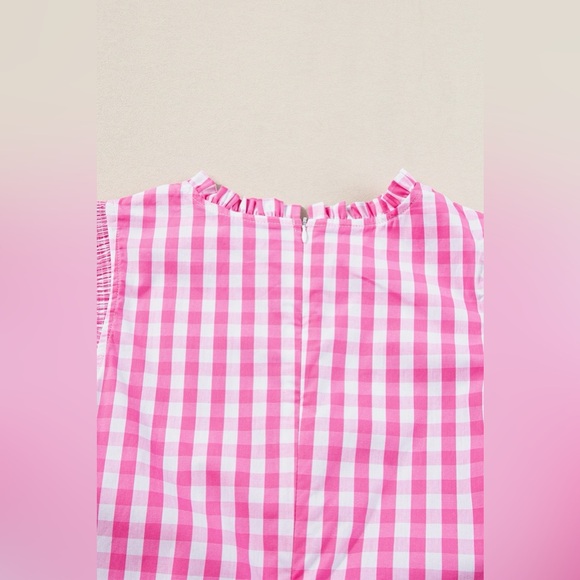 Ruffled Plaid Mock Neck Cap Sleeve Blouse - Picture 6 of 11